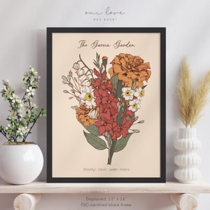 Mothers Day Gift for Grandma Garden, Birth Flower Bouquet Personalize, Mom Gift for Mothers Day from Daughter, Custom Gift for Mom from Kids Black Frame