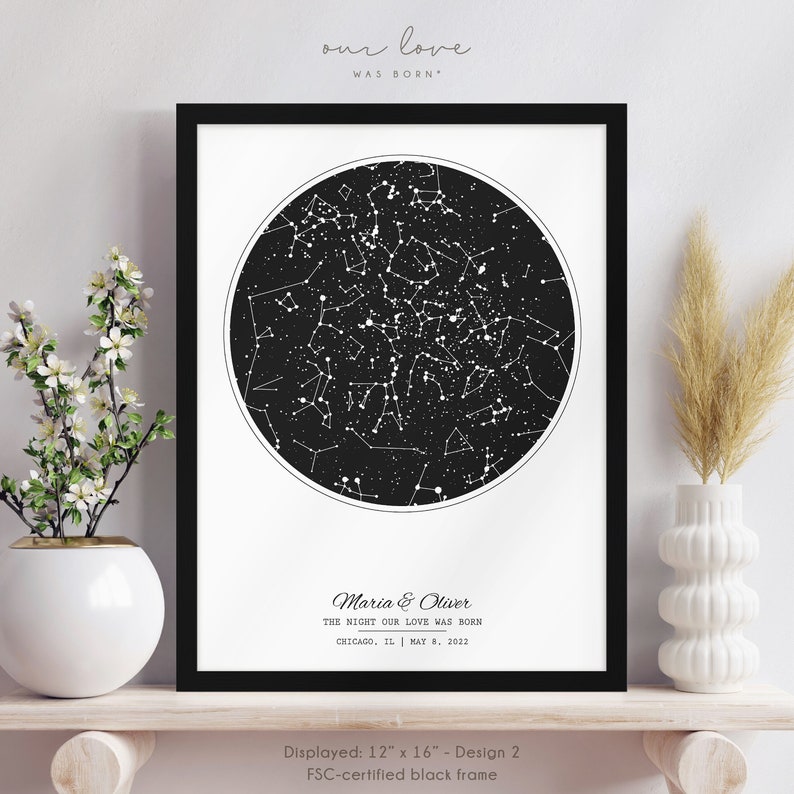 Custom Star Map by Date, Personalized Night Sky Print Framed, Wedding Anniversary Star Map Gift for Couple, Engagement Gift for Friends image 1