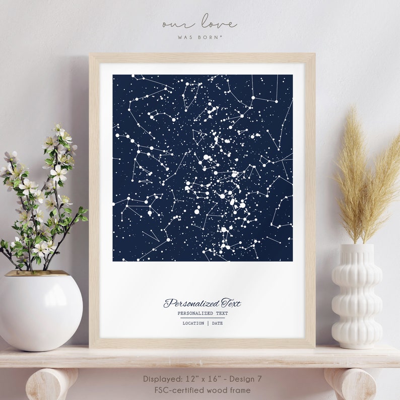 Star Map Birthday, 50th Birthday Gift for Women, 21st Birthday Gift for Her, 30th Birthday Gift Best Friend, Mom Birthday Gift Personalized Wood Frame