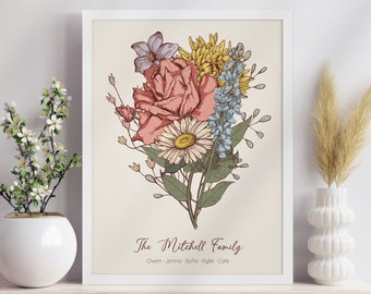 Birth Month Family Flower Bouquet with Names Framed, Birth Month Flower Gift, Mothers Day Gift for Wife from Husband, Family Garden Gift