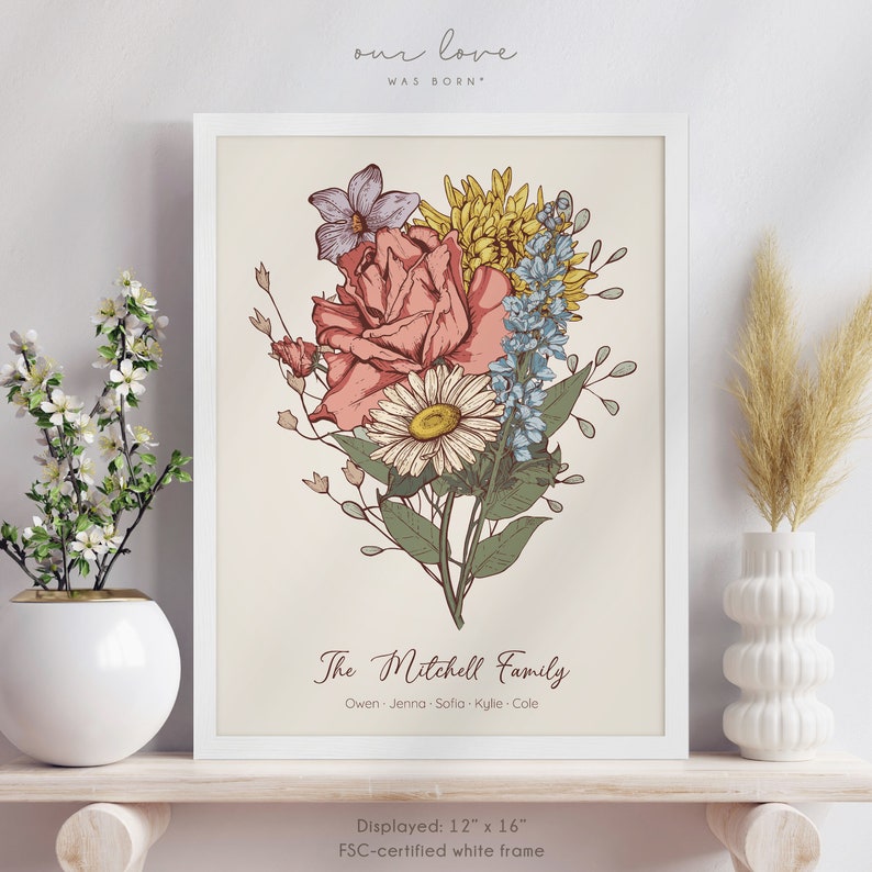 Mothers Day Gift for Grandma Garden, Birth Flower Bouquet Personalize, Mom Gift for Mothers Day from Daughter, Custom Gift for Mom from Kids White Frame