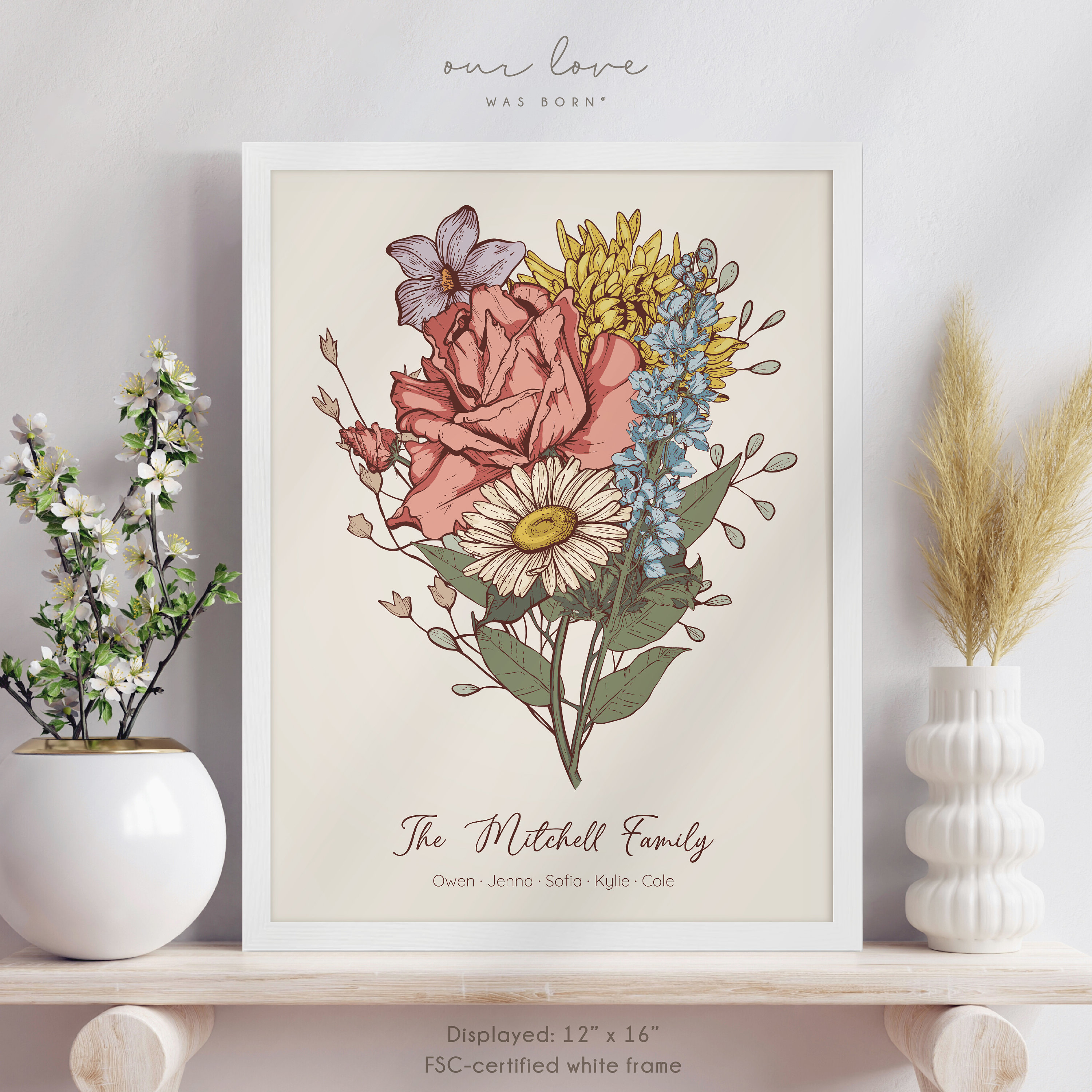 Personalised Bouquet Print Flower Word Wall Art Birthday 