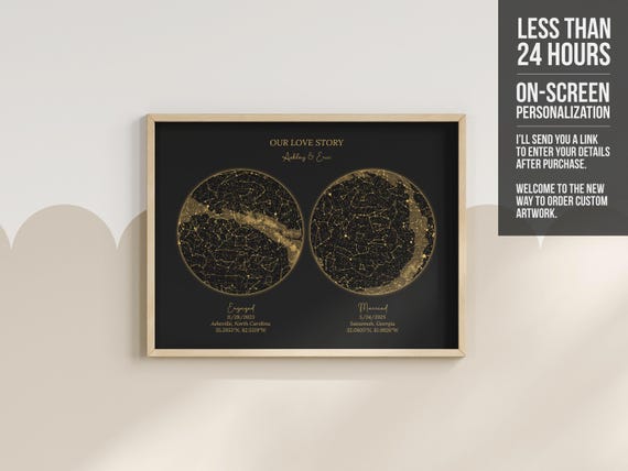 Personalized Two Star Map Print | Custom Night Sky Charts for 2 Dates | Wedding, Anniversary, or Engagement Gift (Digital Download)