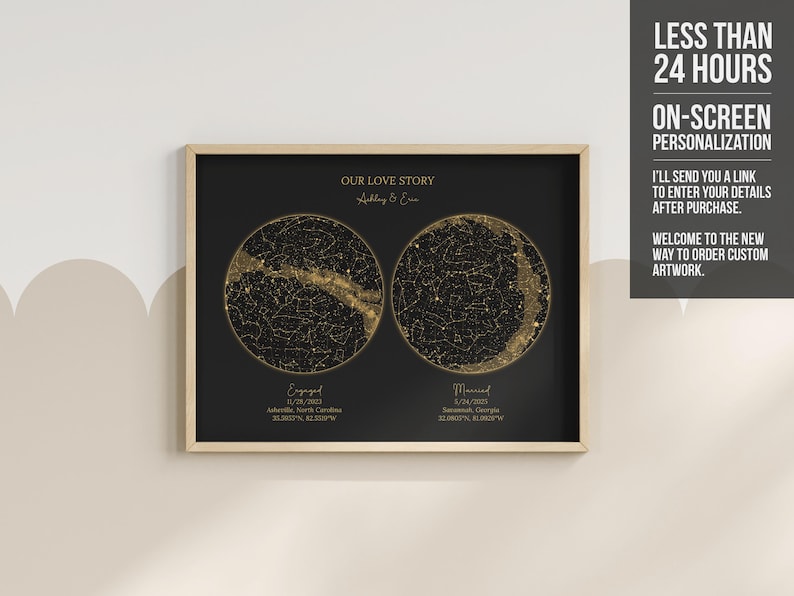 Personalized Two Star Map Print | Custom Night Sky Charts for 2 Dates | Wedding, Anniversary, or Engagement Gift (Digital Download)