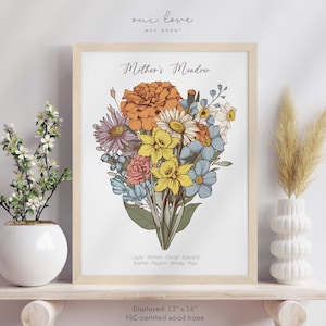 Mothers Day Gift for Grandma Garden, Birth Flower Bouquet Personalize, Mom Gift for Mothers Day from Daughter, Custom Gift for Mom from Kids Wood Frame