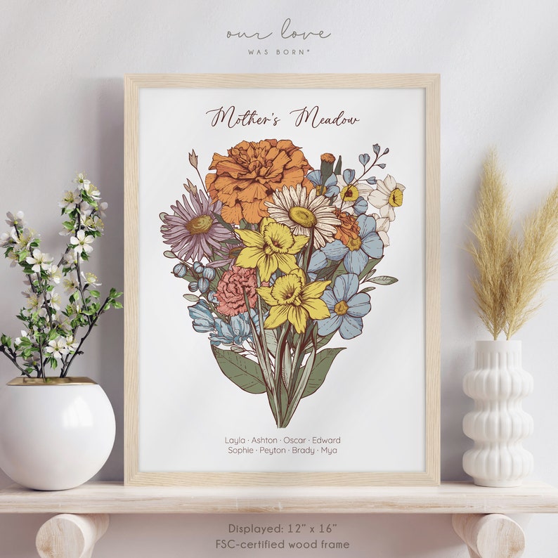 Mothers Day Gift for Grandma Garden, Birth Flower Bouquet Personalize, Mom Gift for Mothers Day from Daughter, Custom Gift for Mom from Kids Wood Frame