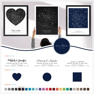 Puede incluir: Una impresi&oacute;n de mapa de estrellas personalizable con el texto "Patrick & Jennifer" y "Forever Written in the Stars" sobre el mapa de estrellas. El mapa de estrellas muestra las constelaciones del cielo nocturno en una fecha espec&iacute;fica. La impresi&oacute;n est&aacute; disponible en tres opciones de fuente, tres opciones de forma y 25 opciones de color.