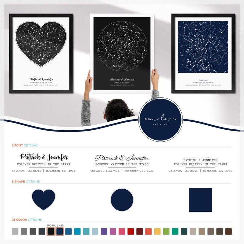 Puede incluir: Una impresi&oacute;n de mapa de estrellas personalizable con el texto "Patrick & Jennifer" y "Forever Written in the Stars" sobre el mapa de estrellas. El mapa de estrellas muestra las constelaciones del cielo nocturno en una fecha espec&iacute;fica. La impresi&oacute;n est&aacute; disponible en tres opciones de fuente, tres opciones de forma y 25 opciones de color.