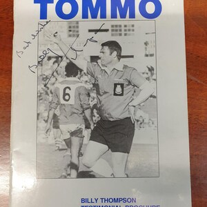 Billy Thompson, Rugby League referee testimonial brochure circa 1987. Hand signed on the front cover, including messages, photos &  cartoons