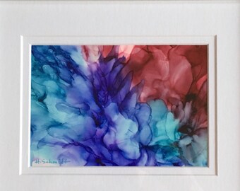 Alcohol ink aqua, purple, and cranberry abstract floral