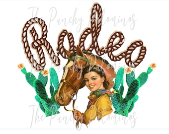 May include: A brown and tan rope design spelling "Rodeo" with a vintage illustration of a woman in a cowboy hat and a brown horse with a green cactus plant on each side.