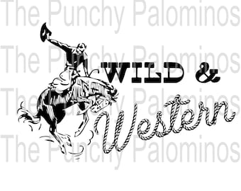 May include: Black and white illustration of a cowboy riding a bucking horse with the text "WILD & Western" in a rope design.