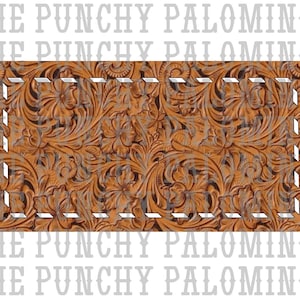 May include: A brown leather background with a floral pattern embossed into the surface. The pattern is in a dark brown color and has a stitched border.