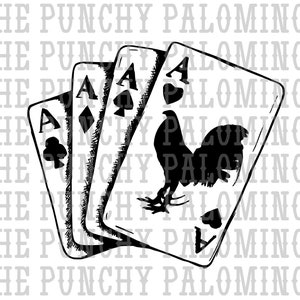 May include: Three playing cards, the Ace of Spades, the Ace of Diamonds, and the Ace of Hearts, with a rooster illustration on the Ace of Hearts.