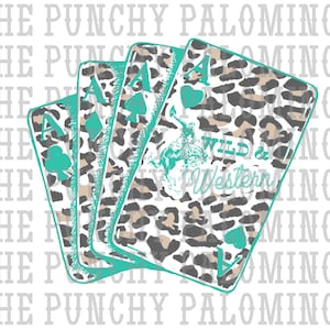 May include: Four playing cards with an animal print design. The cards are aces and feature a heart, spade, diamond, and club. The cards have the text "Wild & Western" on them.