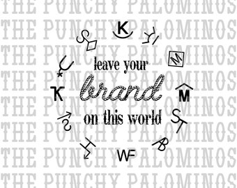 May include: Black and white graphic with the text "leave your brand on this world" surrounded by various symbols and the repeated text "The Punchy Palominos".