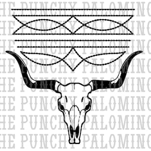 Może przedstawiać: Czarno-biała ilustracja byka z czaszką i rogami, z powtarzającym się wzorem linii i kółek nad nią. Tekst "THE PUNCHY PALOMINOS" jest powtarzany wielokrotnie wokół obrazu.