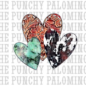 May include: Three heart-shaped designs with different patterns. The first heart is brown with a stitched pattern, the second heart is green with a marbled pattern, and the third heart is black and white with a cowhide pattern.