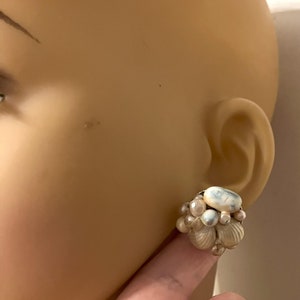 May include: A pair of silver tone earrings with a cluster of white and blue shell-shaped beads.