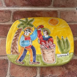 Made In Italy Colorful Fisherman Painted Ceramic Plate Wall Hanging By Camusa 9.25" x 7.5" *Free shipping