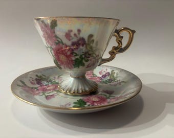 Vintage Lefton China Footed Teacup Saucer November Chrysanthemum Japan Iridescent Gold Floral