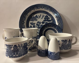 Vintage Blue Willow China Lot Churchill England Mugs Plates Cup Saucer Salt Pepper Set