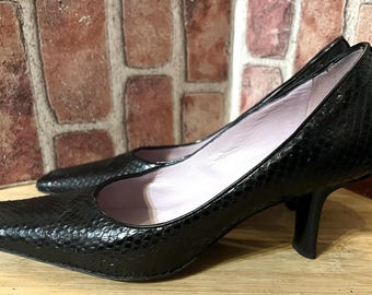 Vintage Maud Frizon Paris Black Snakeskin Leather High Heel Pumps. Made In Italy. 38.5/8M