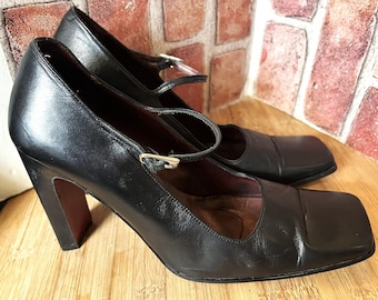 Charles David Black Leather Mary Jane High Heel Pumps. 8.5M. Made In Spain