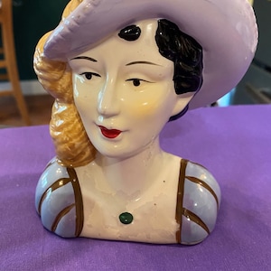Vintage Ceramic Dark Haired Lady Head Bust Lavender Hat With Yellow Plume *Free Shipping*