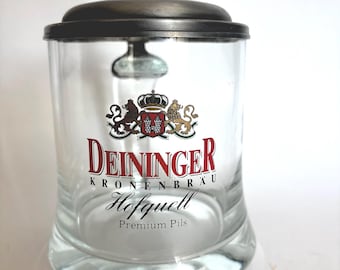 Deininger Kronenbrau Hofquell Beer Stein Glass Mug Pewter Lid German Brewery 0.5L