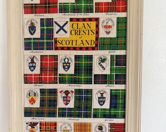 Vintage Clan Crests of Scotland Framed Textile Wall Art – Large Tartan Heraldry Display