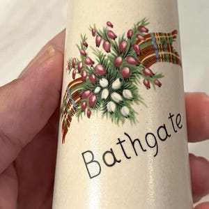 May include: A white ceramic jar with a floral design and the word "Bathgate" printed on the front. The jar has a red, green, and blue plaid ribbon around it.