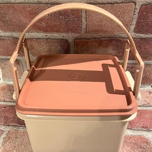 May include: A vintage Tupperware container in a rectangular shape, featuring a peach-colored lid and handle, and a cream-colored base. The container has a handle that arches over the top, and the lid has a circular indentation. The container is set against a brick wall.