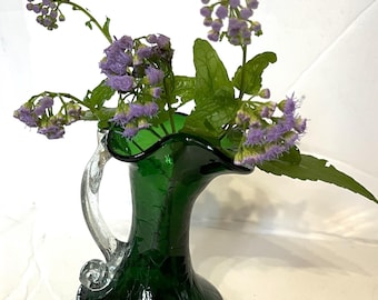 Vintage Green And Clear Handblown Artisan Glass Mini Pitcher / Vase *Free shipping