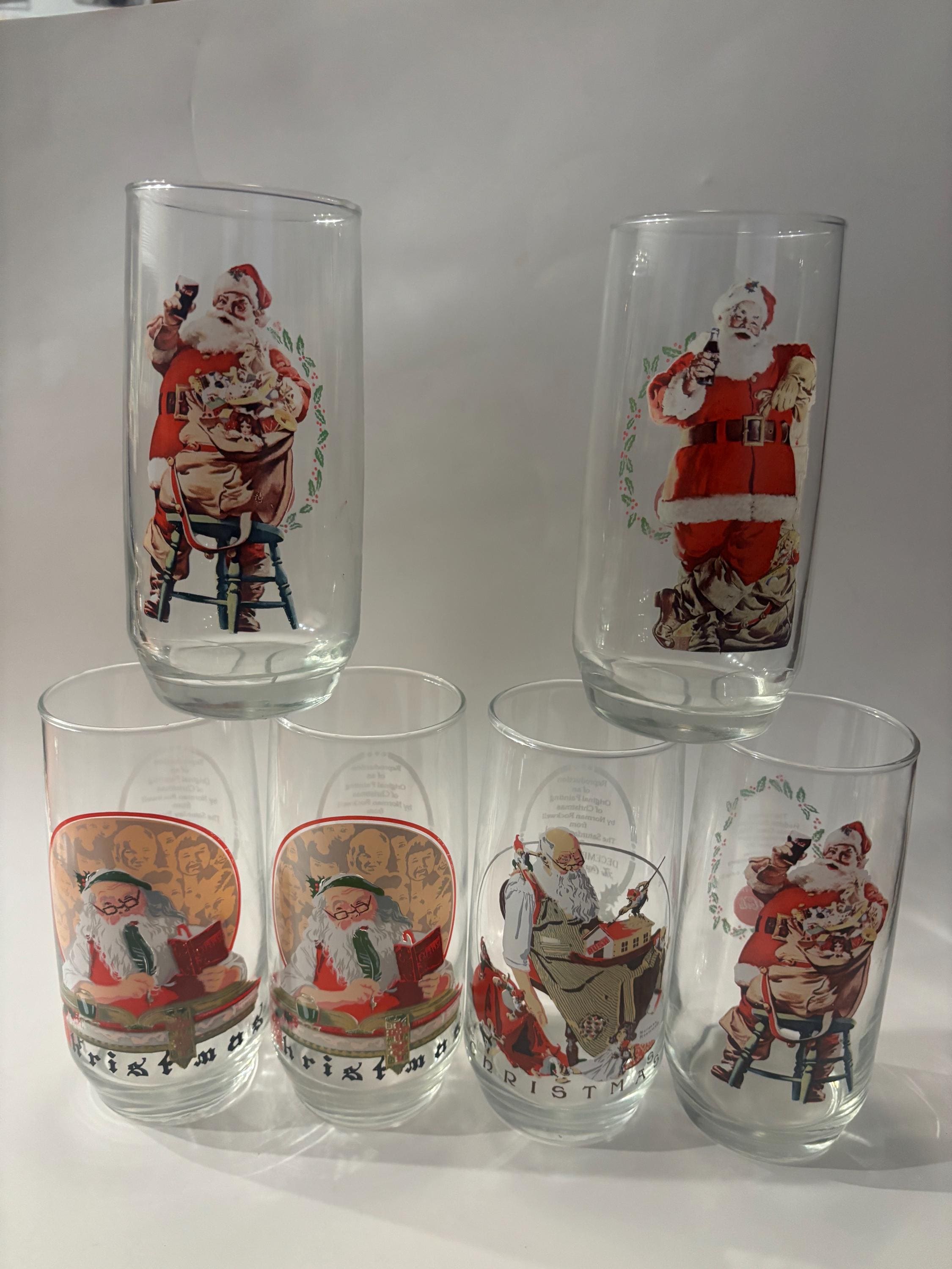 Vintage Coca Cola Christmas Glasses Set 6 Santa Sundblom Rockwell