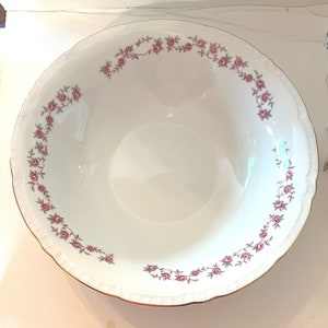 Vintage White Serving Bowl With Pink Flowers & Green Leaves Fine Bohemian China Made in Czechoslovakia *Free Shipping*