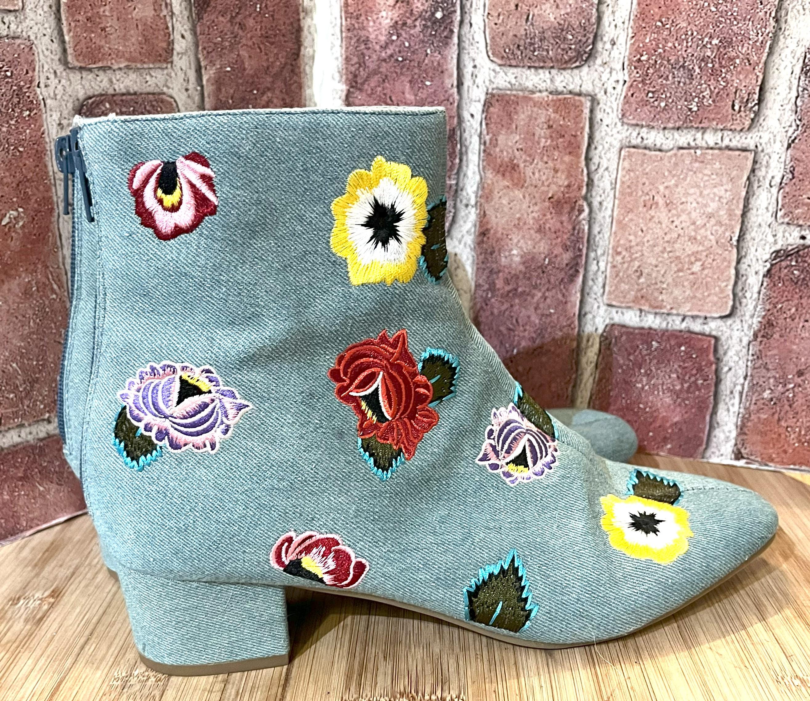 Betsey Johnson Denim Floral Embroidered Low Heel Twiggy Ankle