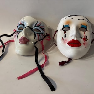 Vintage Ceramic Art Mask Wall Decor Pair Signed 1990 Surreal Theatrical Masquerade Faces