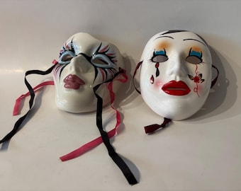 Vintage Ceramic Art Mask Wall Decor Pair Signed 1990 Surreal Theatrical Masquerade Faces