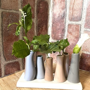 May include: A set of six slender ceramic bud vases in varying shades of blue, beige, and gray, arranged on a rectangular white base. The vases hold green foliage and a single white flower, creating a multi-stem display for floral arrangements.