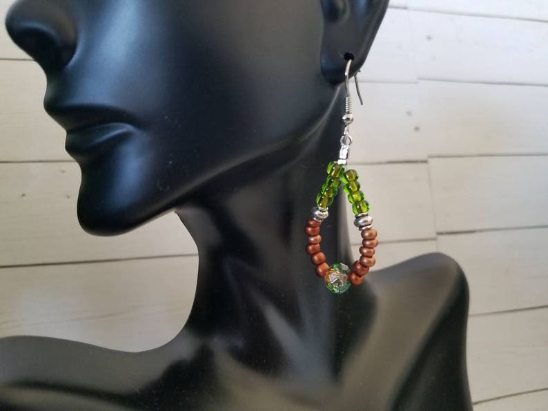 Sale *** Drop Earrings Antique Silver Czech Glass Seed Beads Brown Green