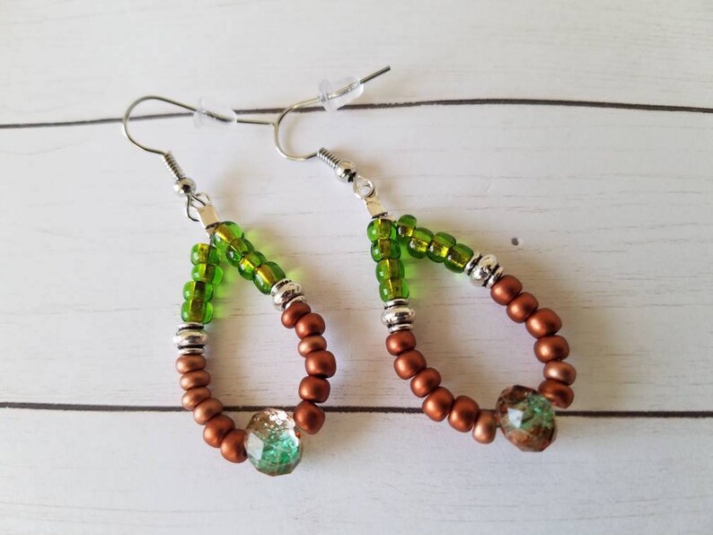 Sale *** Drop Earrings Antique Silver Czech Glass Seed Beads Brown Green