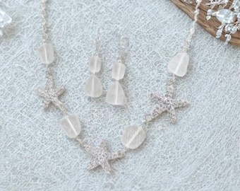 Starfish & Sea Glass Necklace and Earrings Set Clear Silver Plated