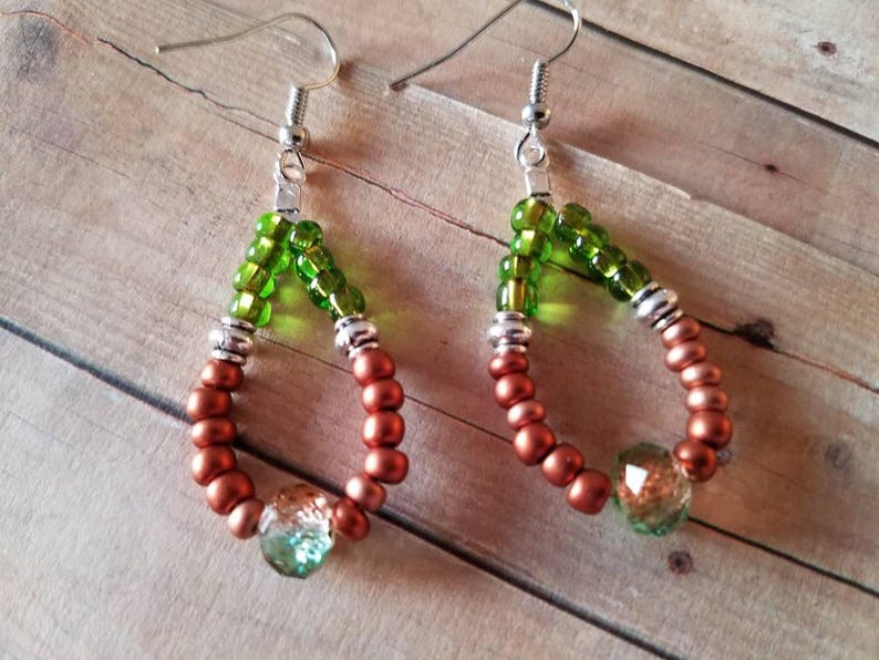 Sale *** Drop Earrings Antique Silver Czech Glass Seed Beads Brown Green