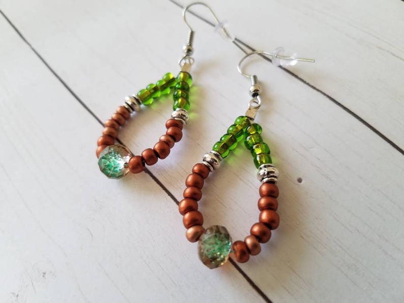 Sale *** Drop Earrings Antique Silver Czech Glass Seed Beads Brown Green