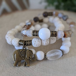Elephant Stretch Bracelets Glass Wood  Beads Gold Beads Cream Brown Set of Three