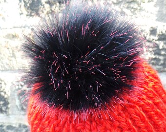Spare Bonfire Black Faux Fur 14cm Pom Pom Bobble for hat with press stud. Extra long fur. Large Detachable pom pom. 77 colours available