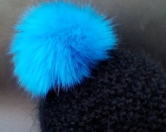 UK made. Spare Ocean Blue Fur Pom Pom Bobble for hat with press stud.long fur. Large Detachable 16cm pom pom 73 colours