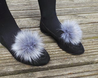 UK Made. Pair of Pom Pom Shoe Clips in Silver Fox Faux Fur 14 cm pom pom. 37 colours in 2 sizes available