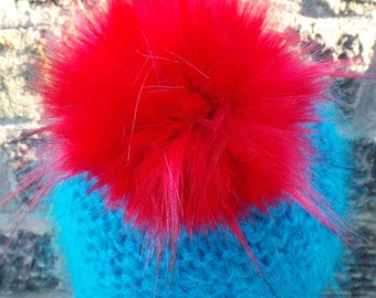 Spare London Red Faux Fur 23cm Pom Pom Bobble for hat with press stud. Extra long fur. Large Detachable pom pom. 73 colours available